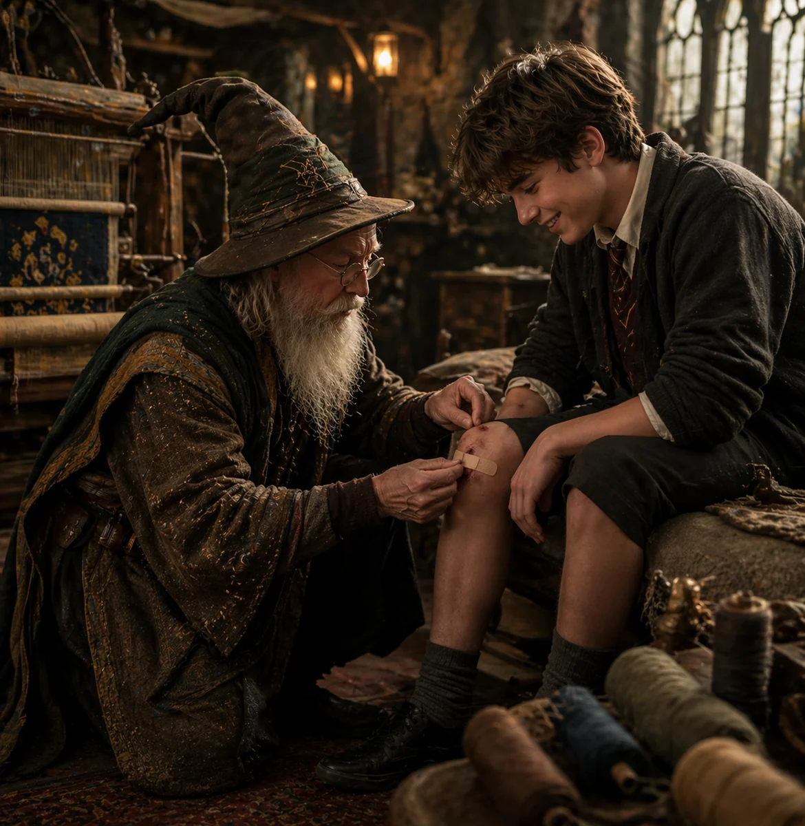 A wizard bandaging a young Webspinner's scraped knee — a small kindness in a study full of tomes.